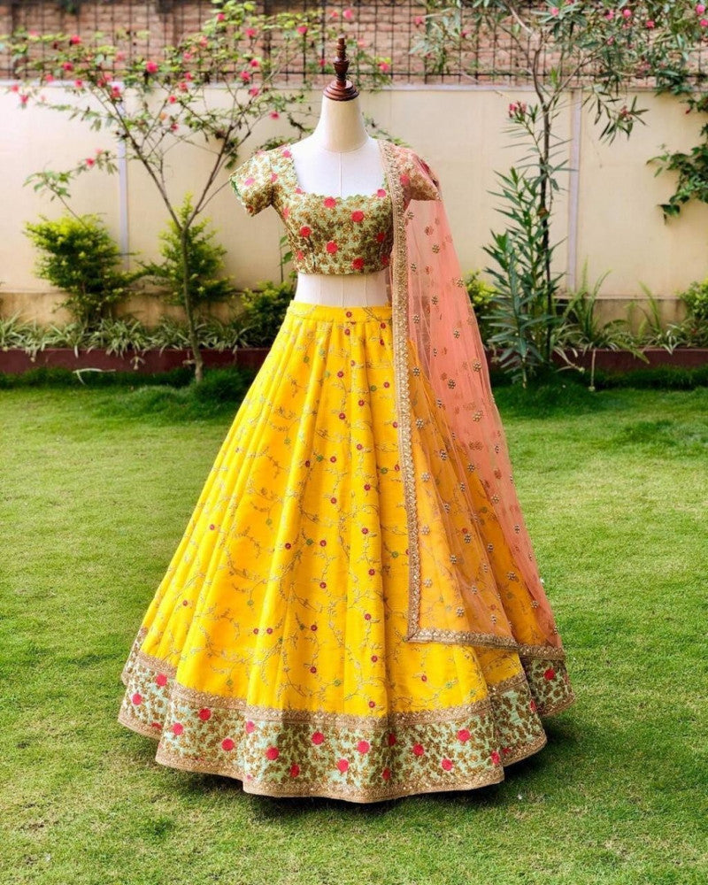 Buy Khadi Silk Rose Pink and Yellow Trendy Lehenga Choli Online