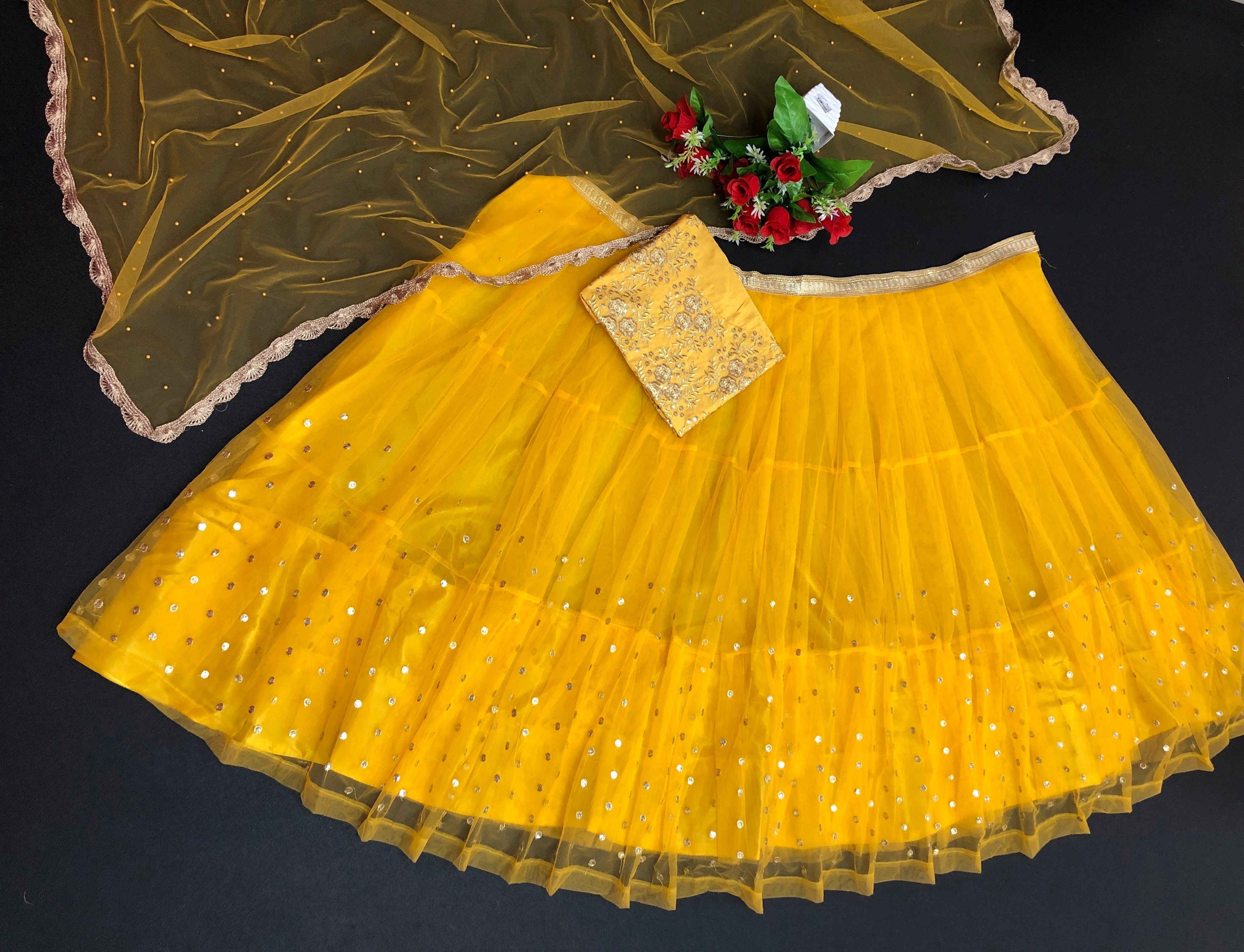 Yellow Lehenga Choli In Nylon Mono Net With Fancy Thread Work