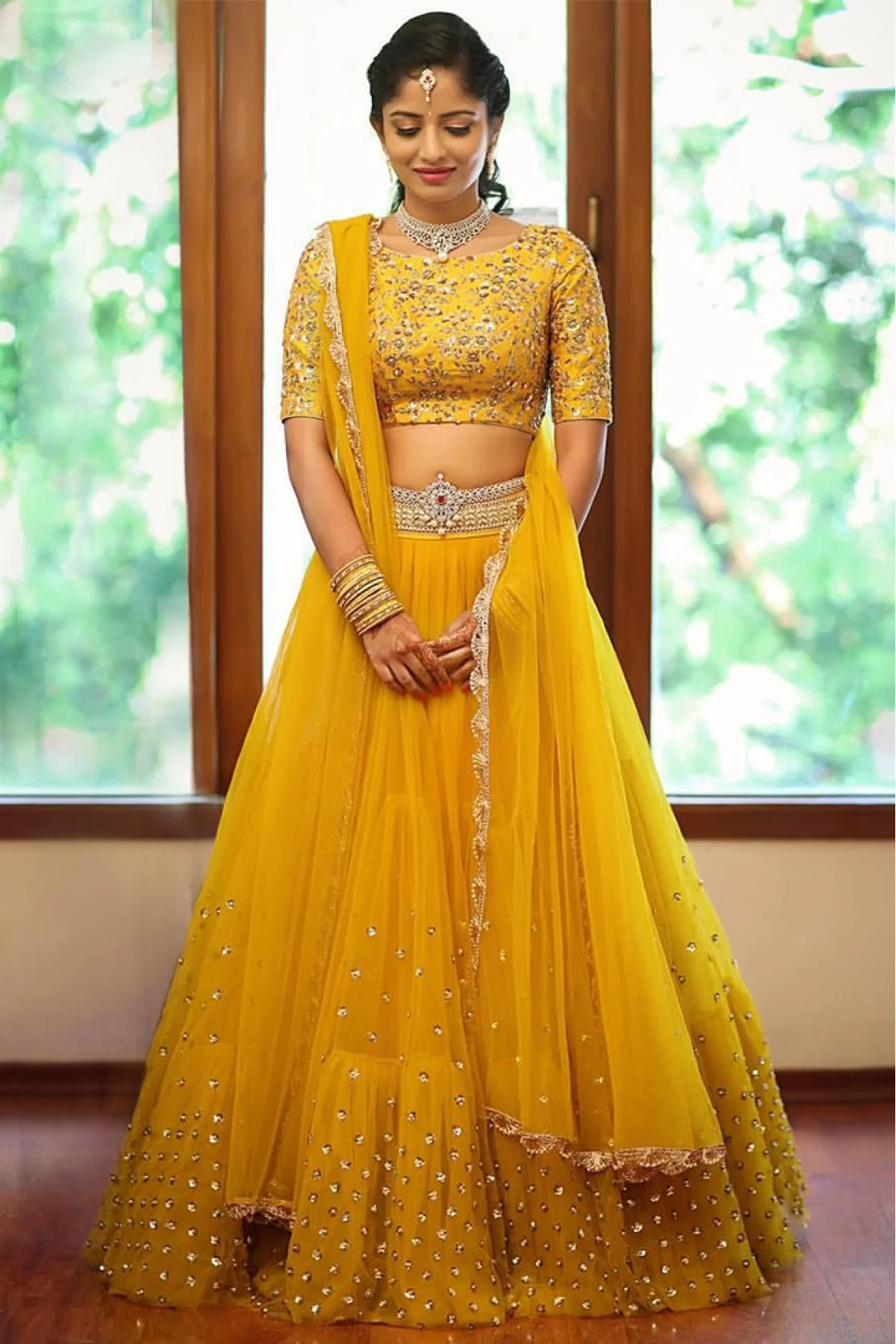 Yellow Lehenga Choli In Nylon Mono Net With Fancy Thread Work