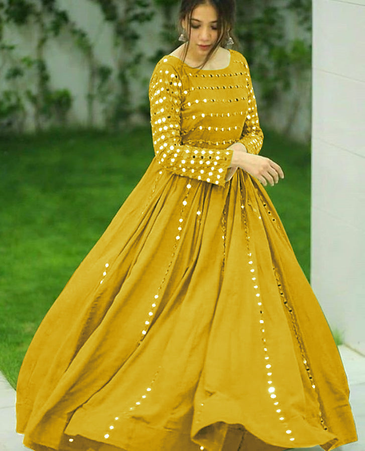 Yellow Gown In Two Tone Taffeta Silk With Sequence Work