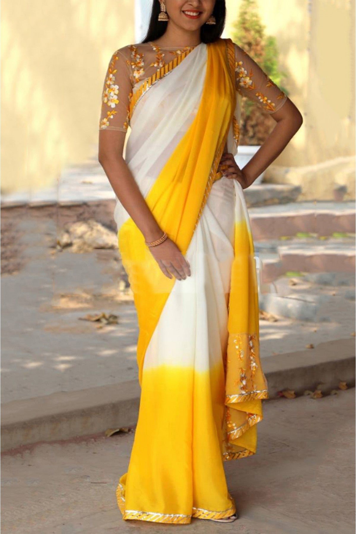 Yellow White Saree In 60 GM Pedding Georgette With Fancy Thread Work