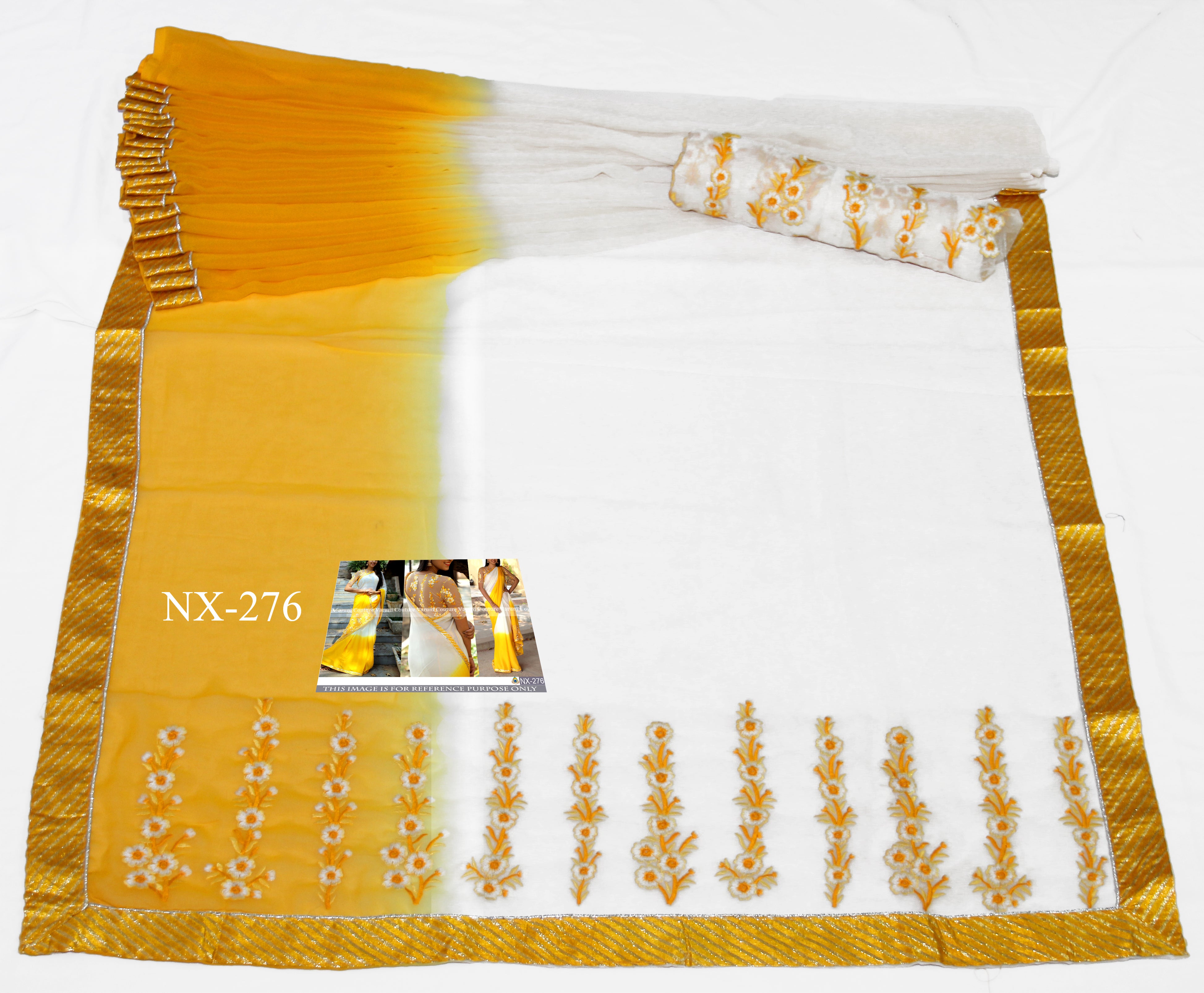 Yellow White Saree In 60 GM Pedding Georgette With Fancy Thread Work