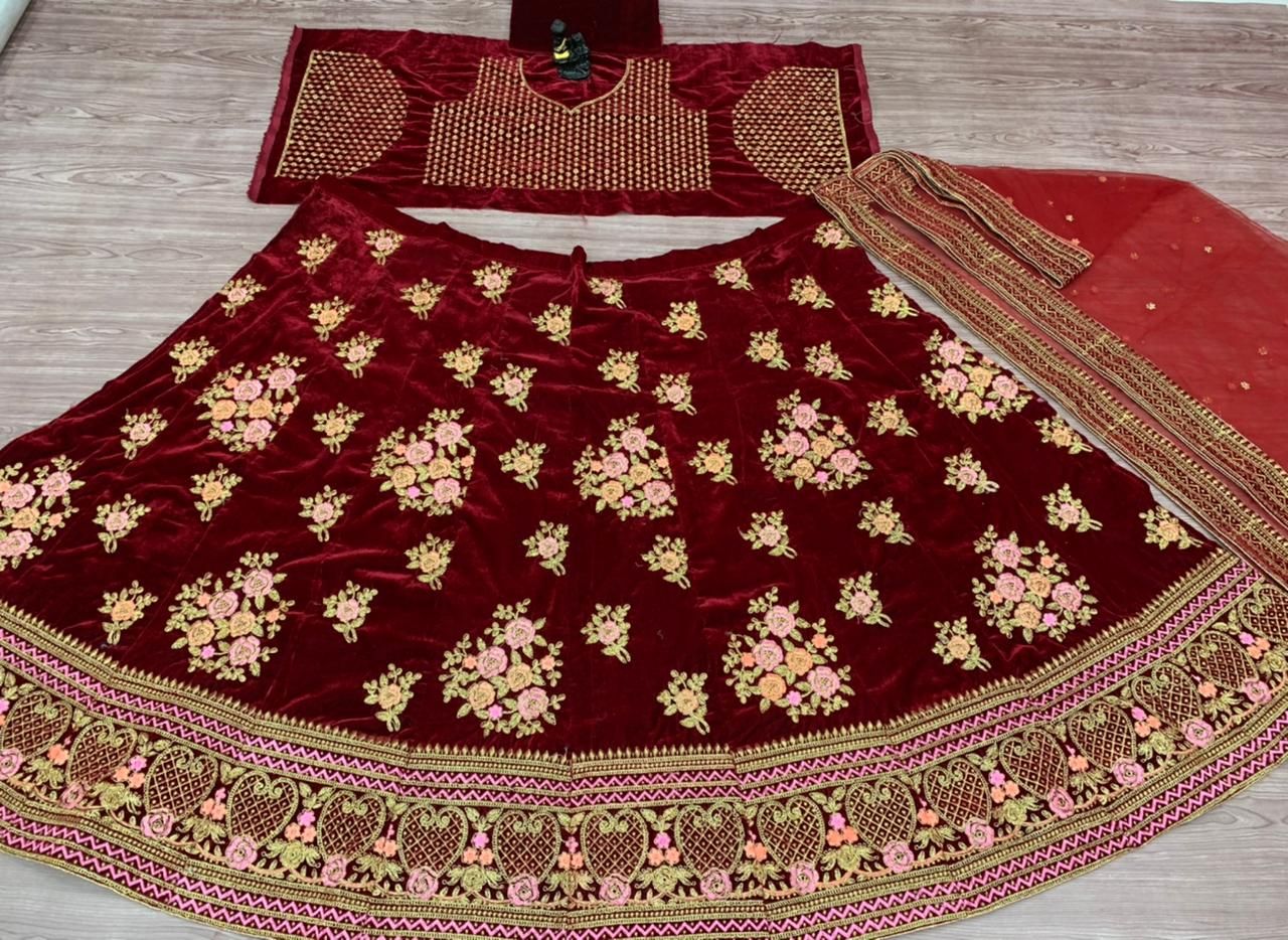 Maroon Lehenga Choli In Velvet With Embroidery Work