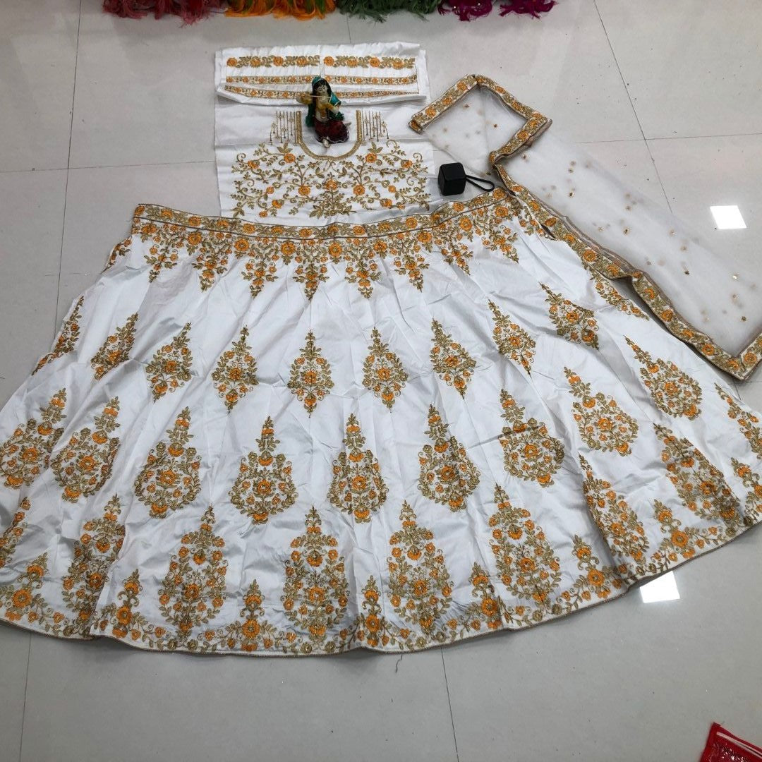 White Lehenga Choli In Malai Satin Silk With Embroidery Work