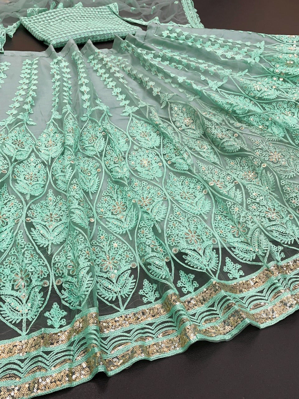 Aqua Green Lehenga Choli In Butterfly Mono Net With Chain Stitch Work