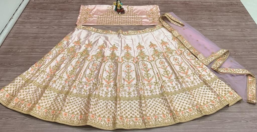 Cream Lehenga Choli In Malai Satin Silk With Embroidery Work