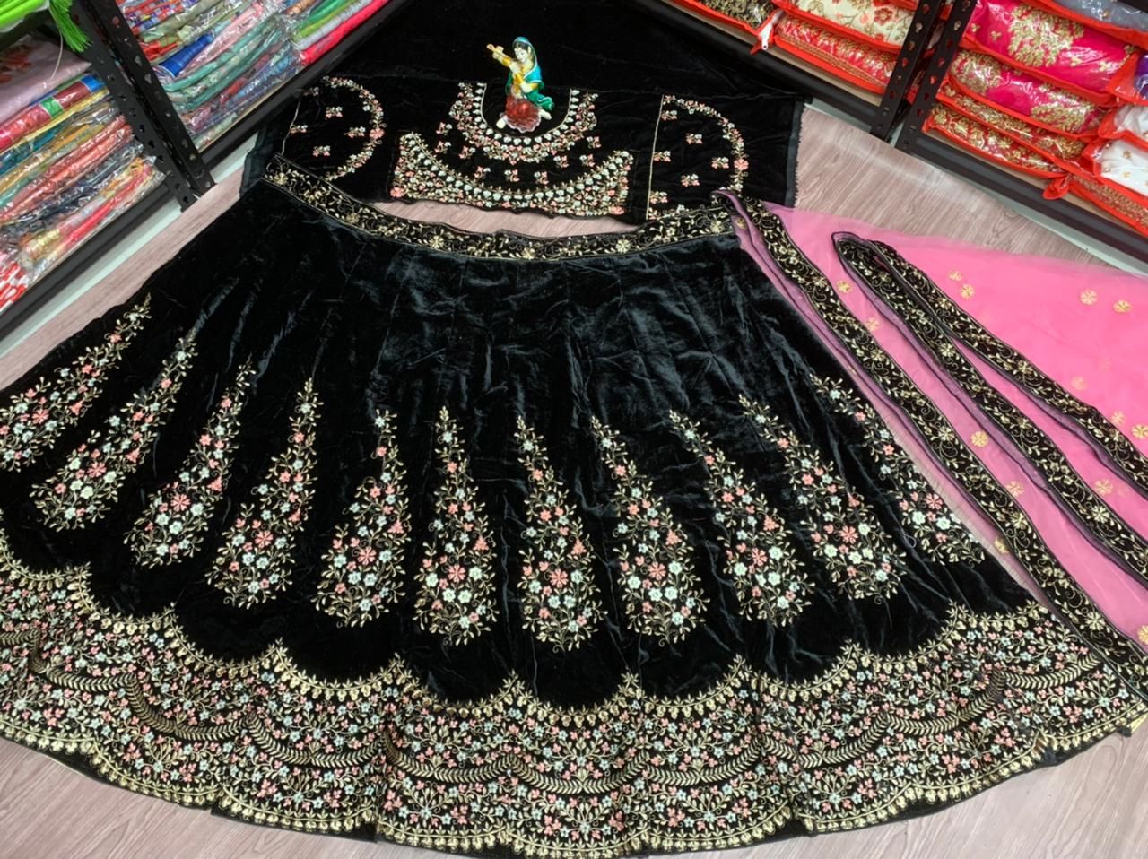 Block Lehenga Choli In Velvet With Embroidery Work