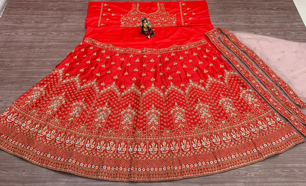 Red Lehenga Choli In Malai Satin Silk With Embroidery Work