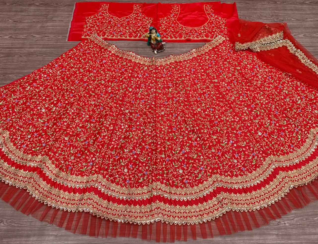 Red Lehenga Choli In Malai Silk With Embroidery Work