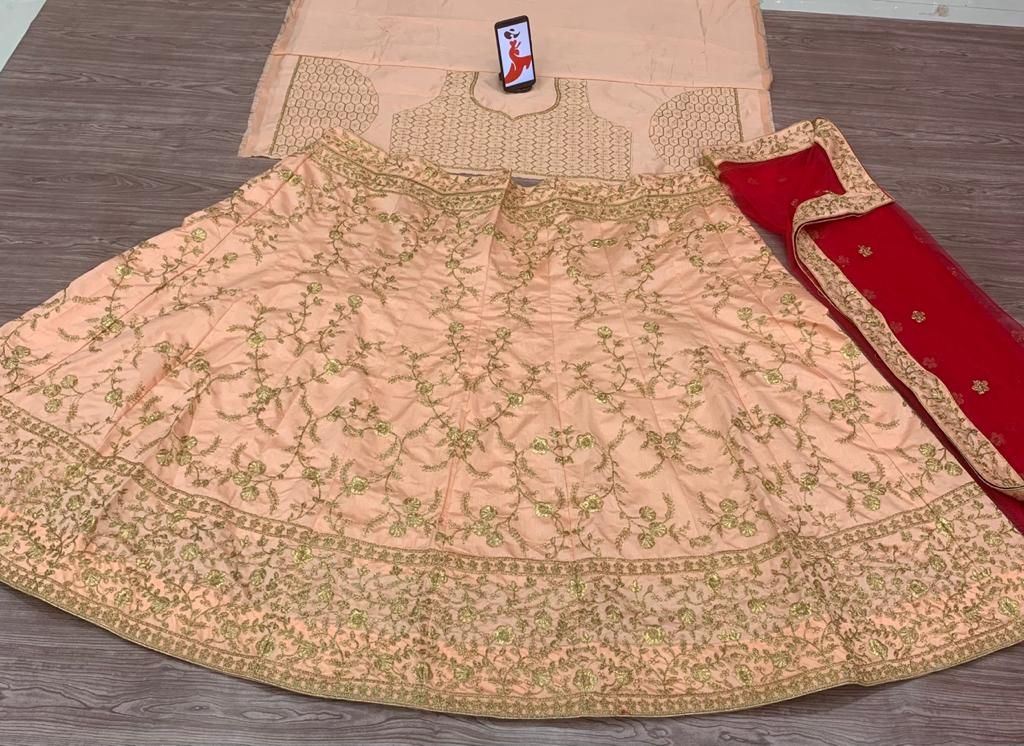 Light Peach Lehenga Choli In Malai Satin Silk With Embroidery Work