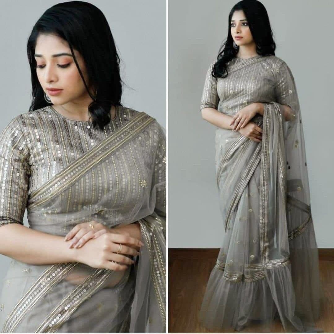 Gray Saree In Nylon Mono Net With Sequence Work