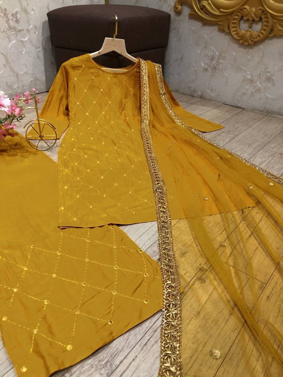 Mustard Yellow Salwar Suit In Rayon With Embroidery Work