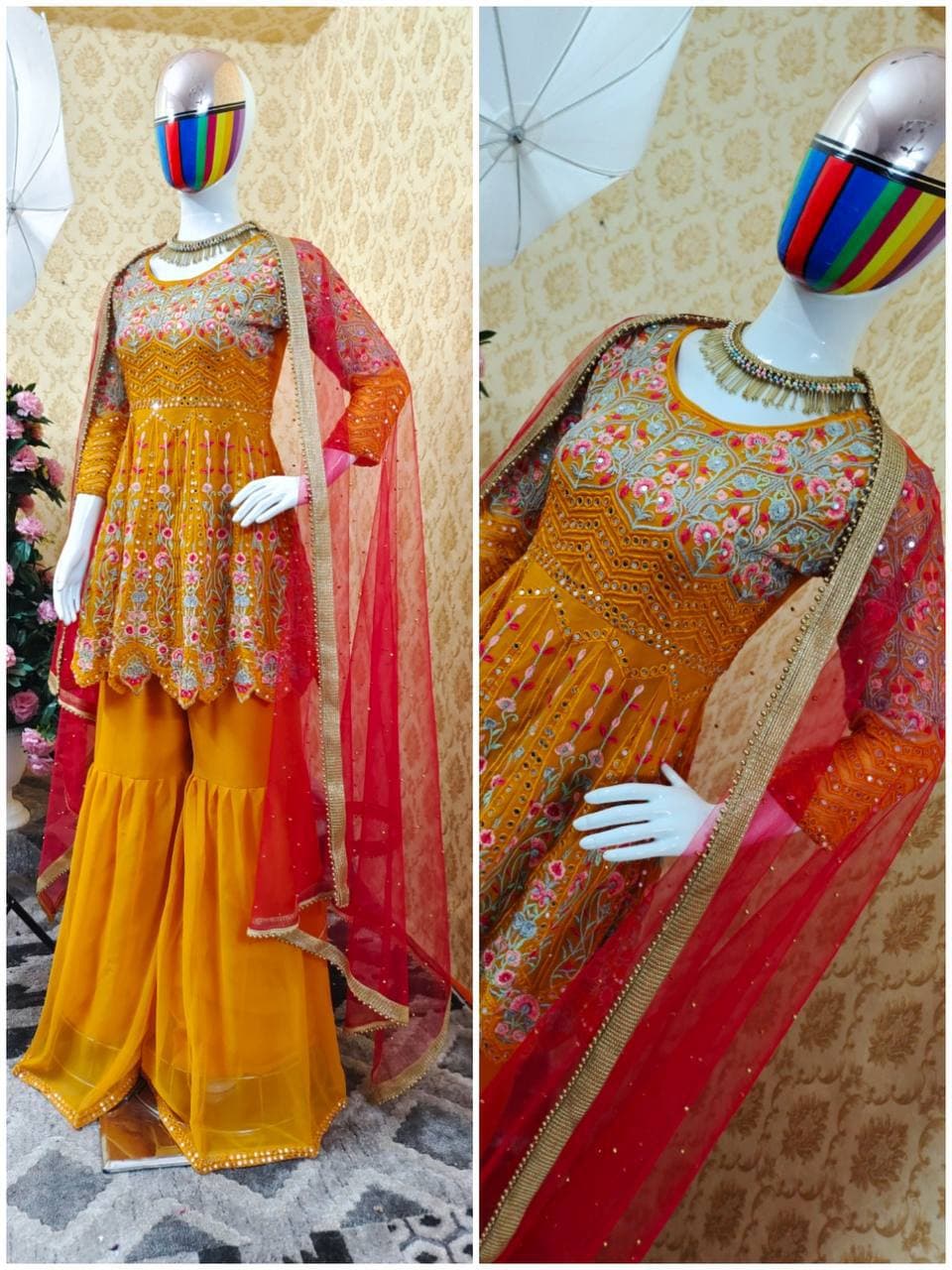 Yellow Sharara Suit In Georgette Silk With Embroidery Work