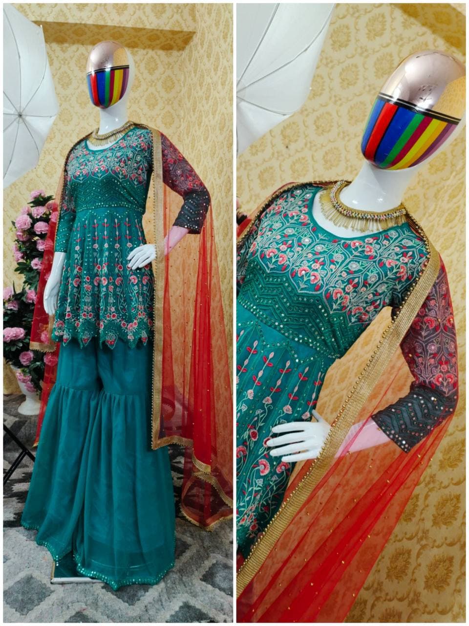 Rama Sharara Suit In Georgette Silk With Embroidery Work