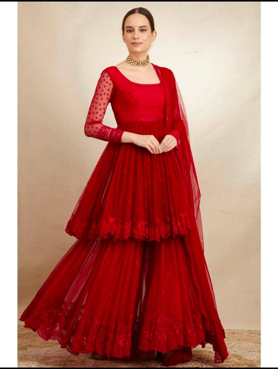 Red Sharara Suit In Fox Georgette With Embroidery Work
