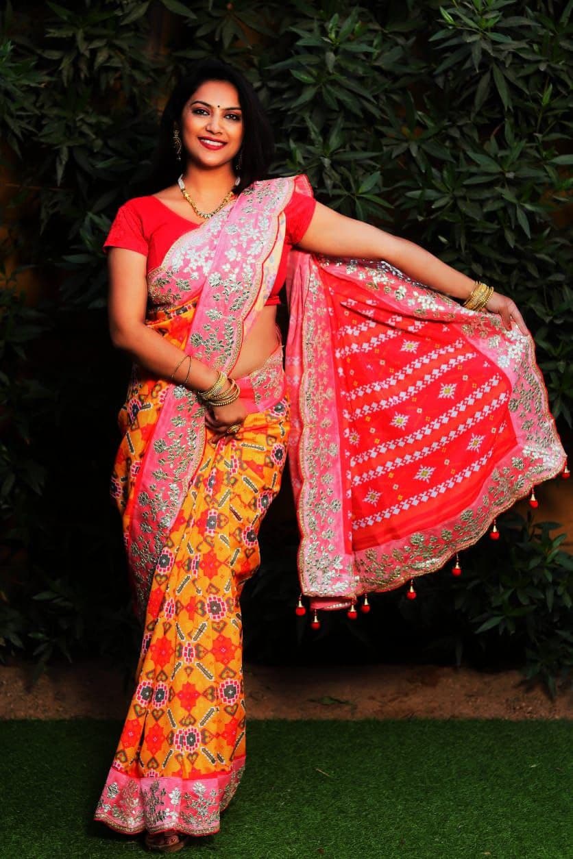 Red Saree In Vichitra Silk With Sequence Work