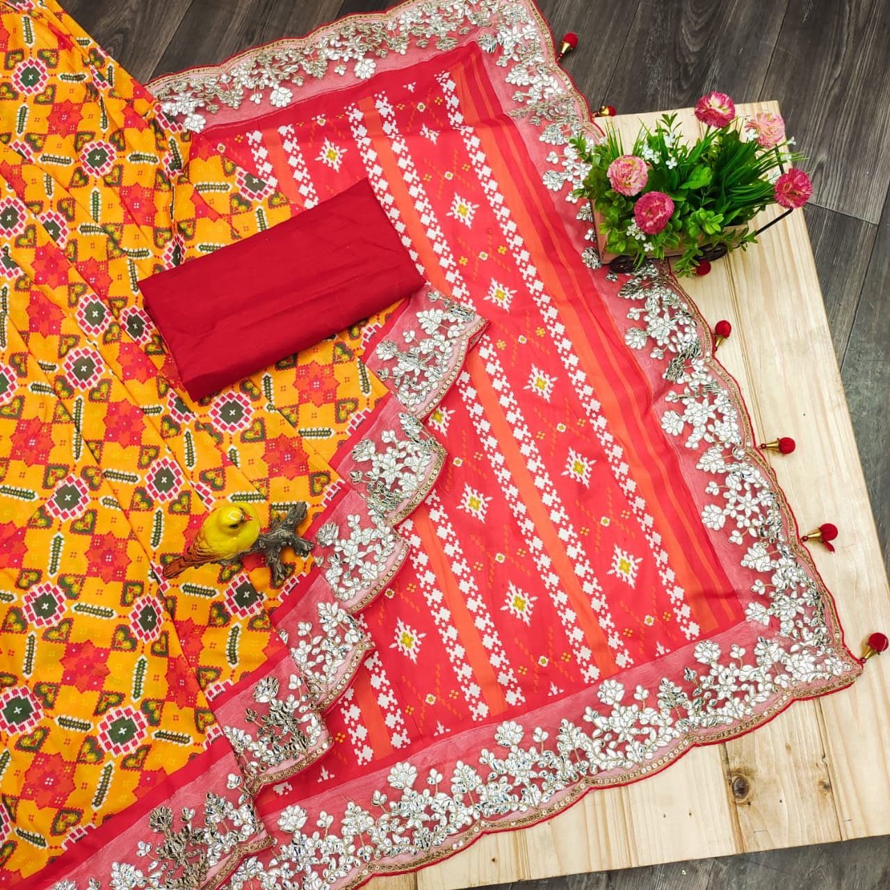 Red Saree In Vichitra Silk With Sequence Work