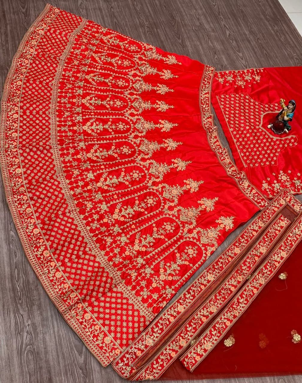 Red Lehenga Choli In Heavy Malai Silk With Cording Embroidery Work