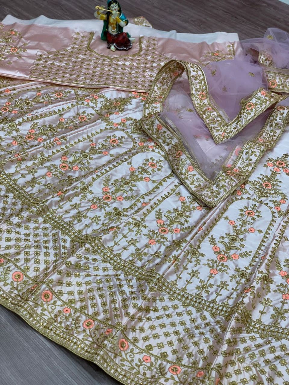 Cream Lehenga Choli In Heavy Malai Silk With Cording Embroidery Work Bridal