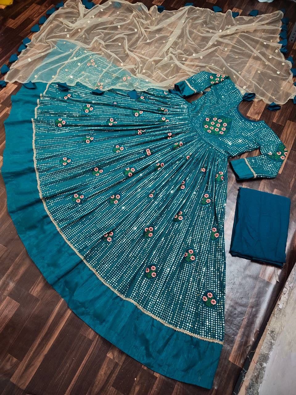 Rama Blue Gown In Fox Georgette With Sequence Embroidery Work