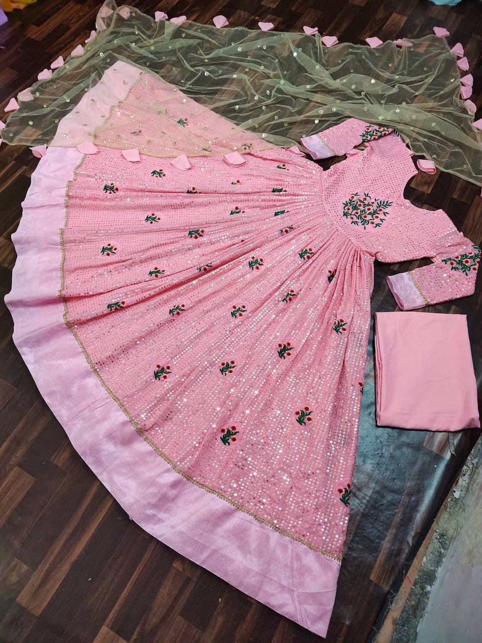 Baby Pink Gown In Fox Georgette With Sequence Embroidery Work