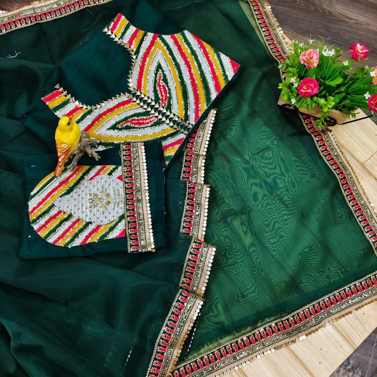 Dark Green Saree In Organza Silk With Sequence Embroidery Work