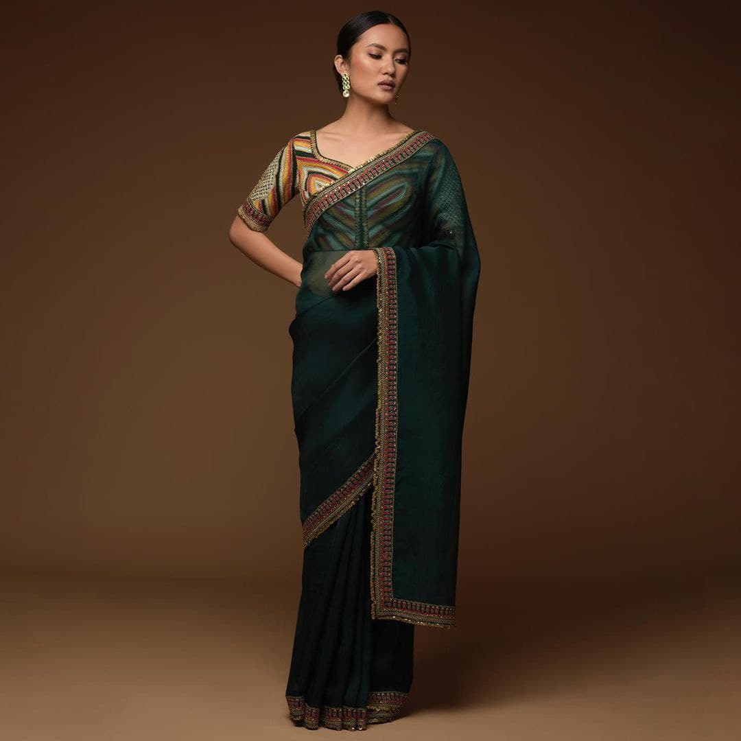 Dark Green Saree In Organza Silk With Sequence Embroidery Work