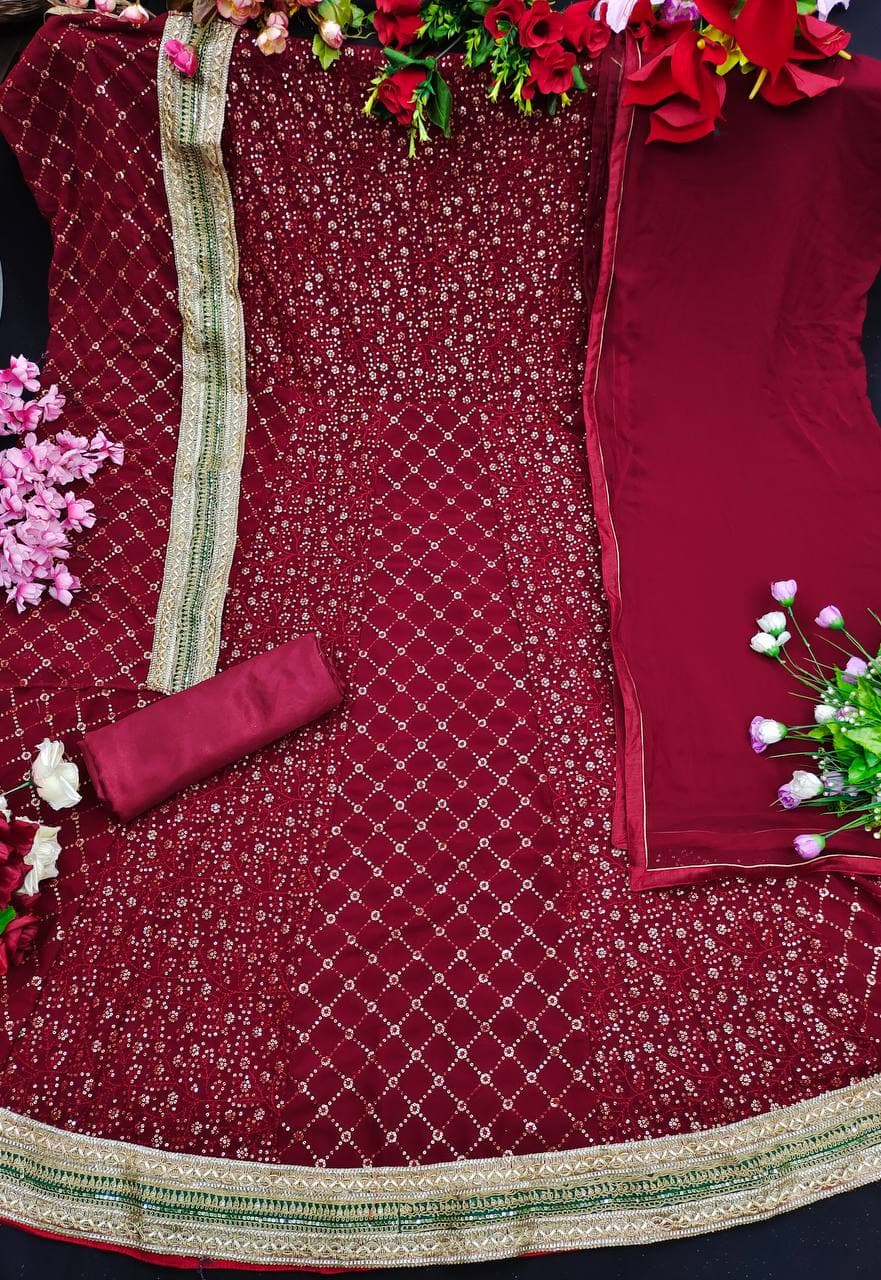 Maroon Gown In Heavy Bluming Georgette With Sequence Embroidery Work