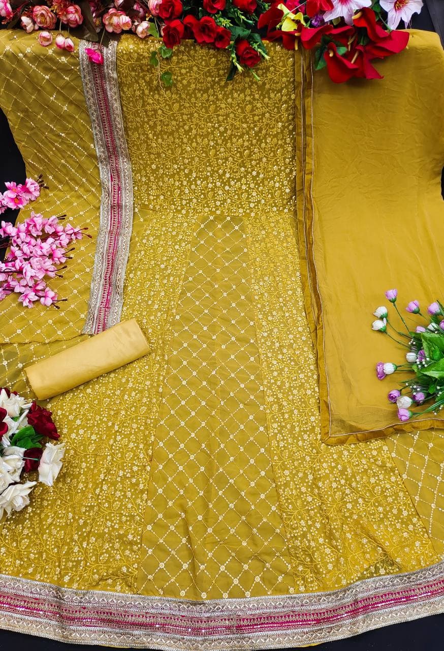 Mustard Yellow Gown In Heavy Bluming Georgette With Sequence Embroidery Work
