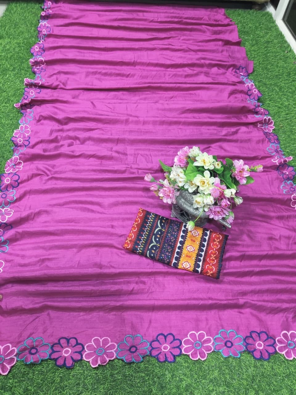 Purple Saree In Dull Silk With Thread Work