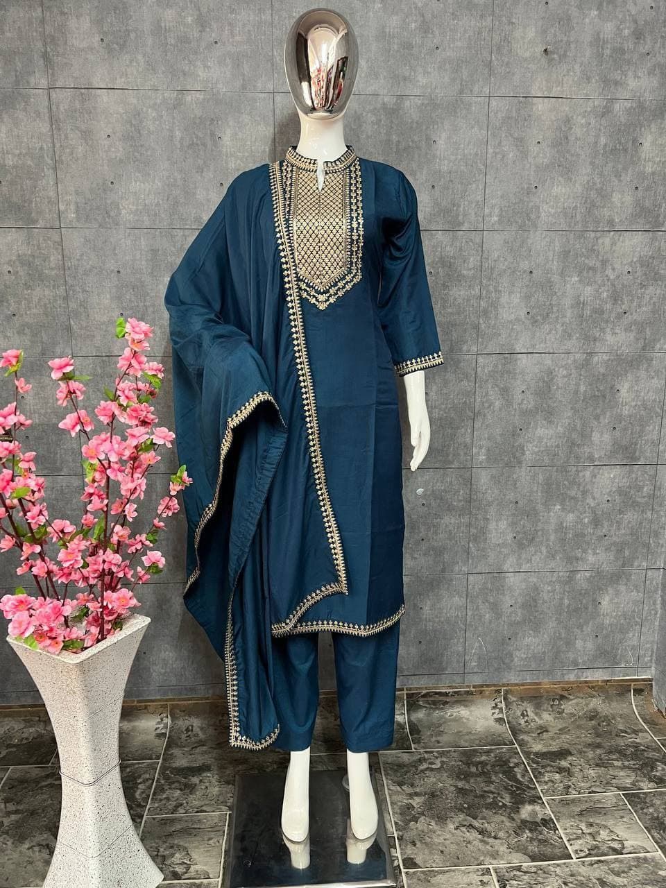 Rama Blue Salwar Suit In Pure Maska Cotton Silk With Sequence Embroidery Work