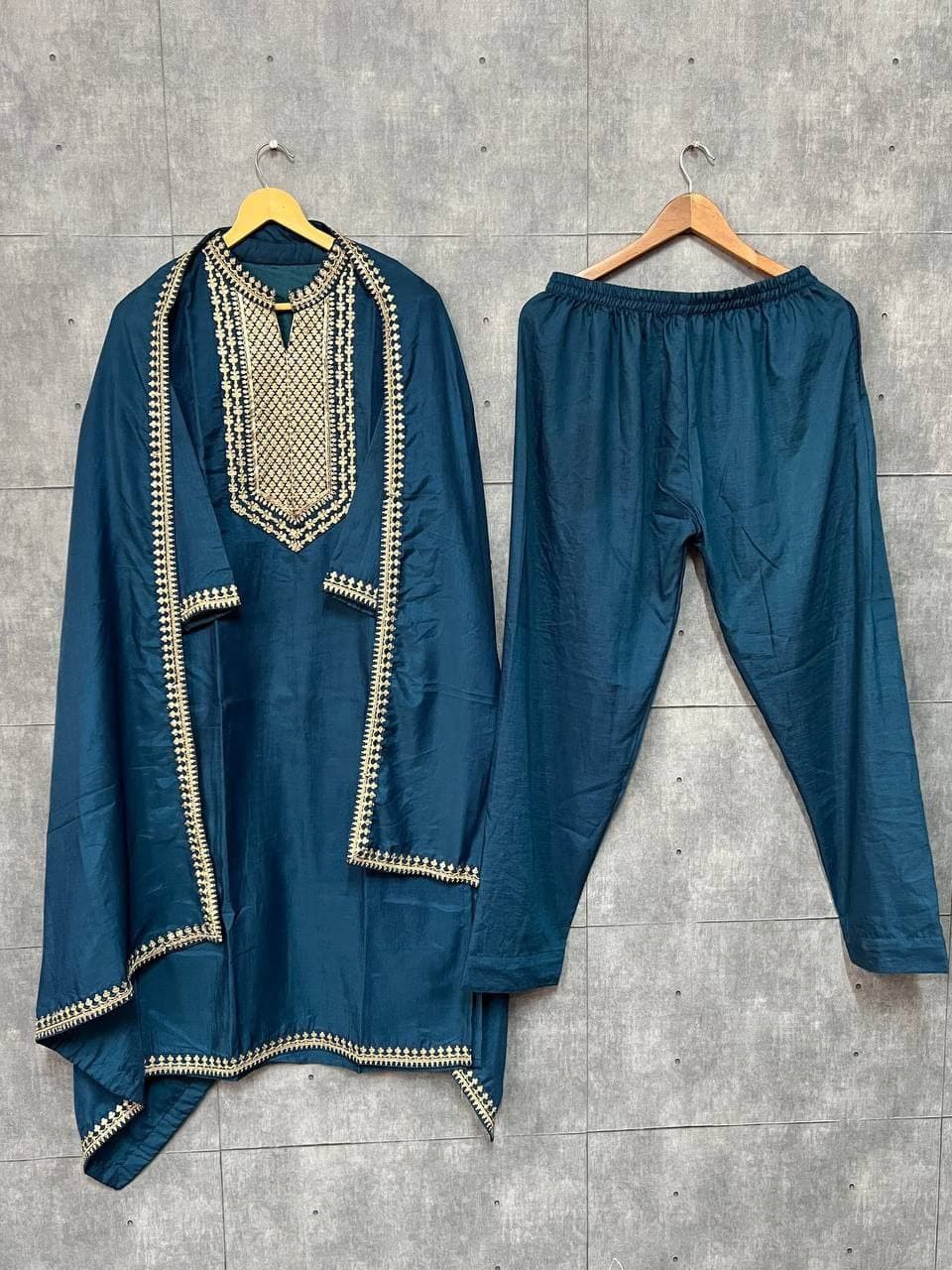 Rama Blue Salwar Suit In Pure Maska Cotton Silk With Sequence Embroidery Work