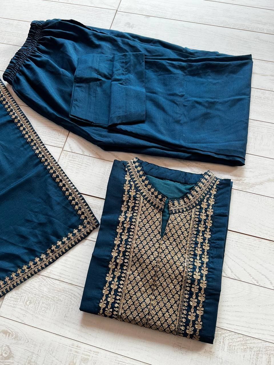 Rama Blue Salwar Suit In Pure Maska Cotton Silk With Sequence Embroidery Work