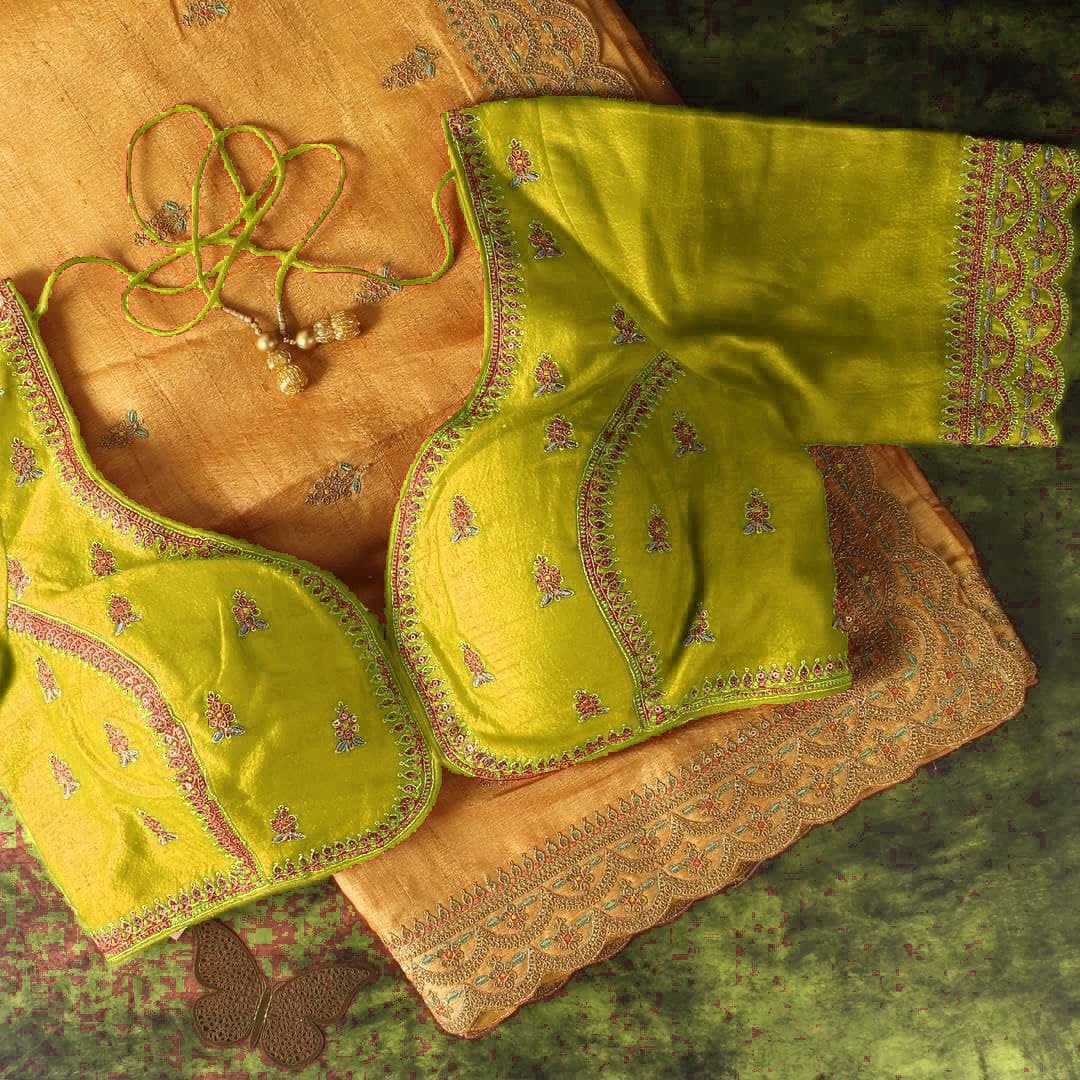 Yellow Saree In Dull Silk With Embroidery Work