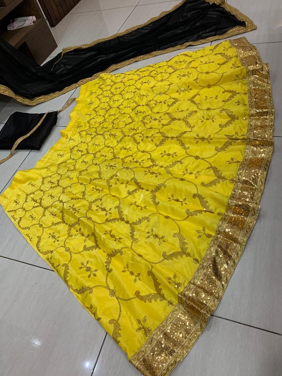 Yellow Lehenga In Benglori Satin With Sequence Work