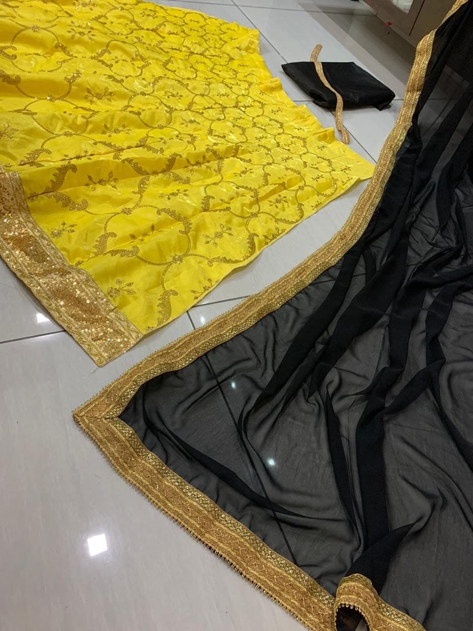 Yellow Lehenga In Benglori Satin With Sequence Work