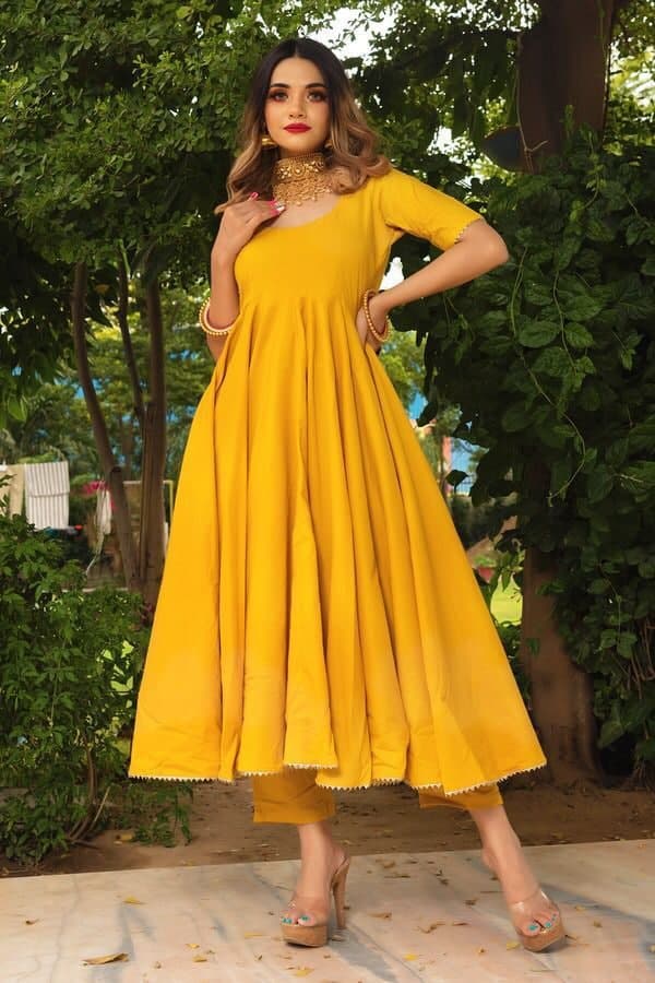 Yellow Anarkali Suit In 14 KG Ryon With Plain