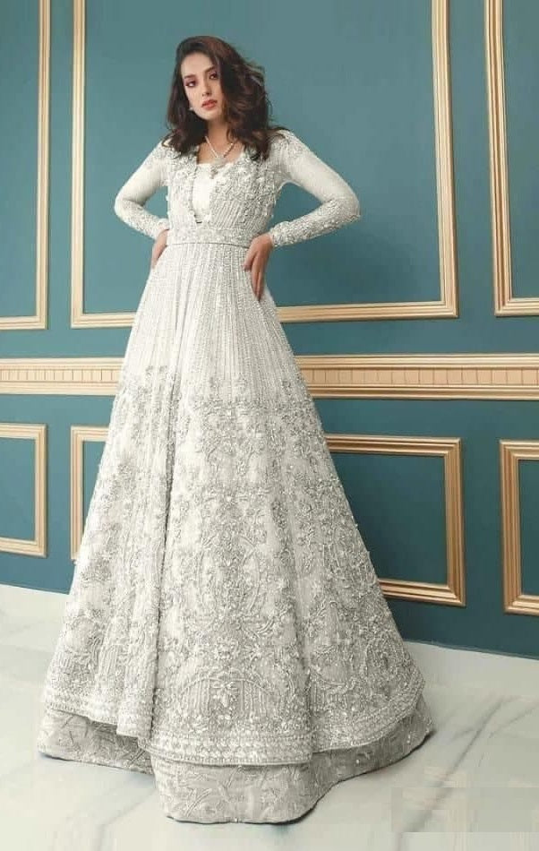 White Gown In Nylon Mono Net With Embroidery Work