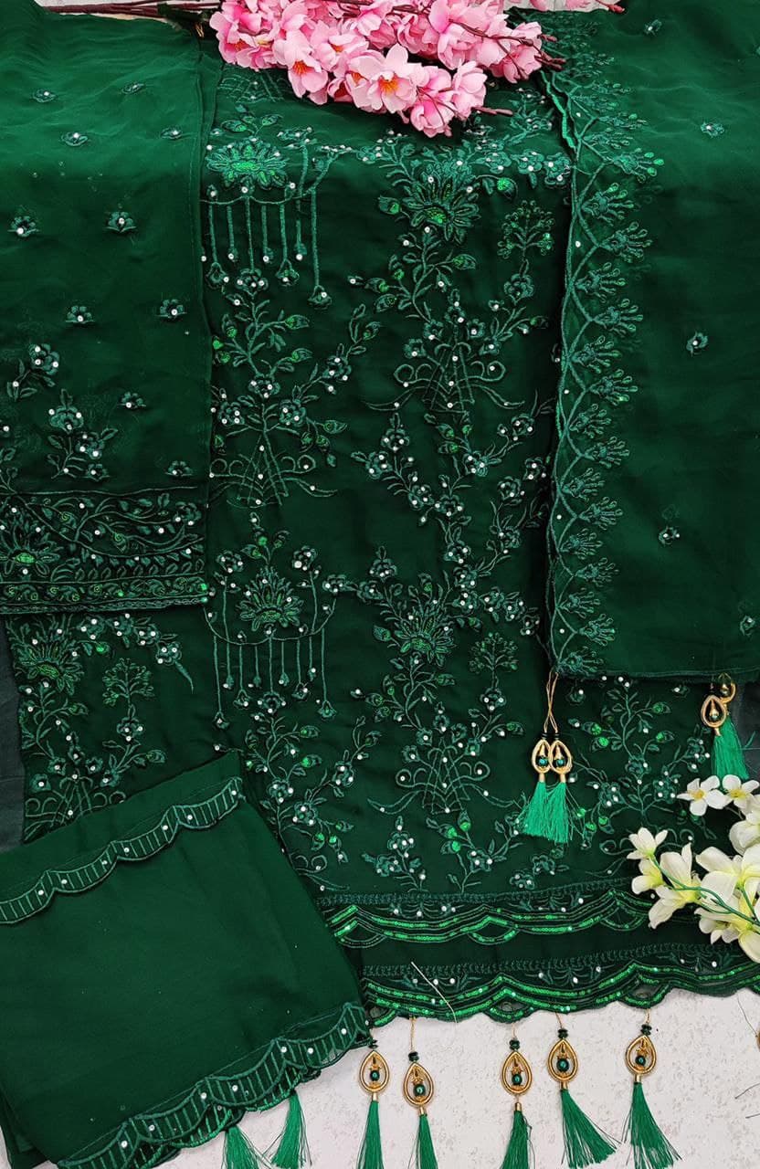 Dark Green Salwar Suit In Georgette Silk With Embroidery Work