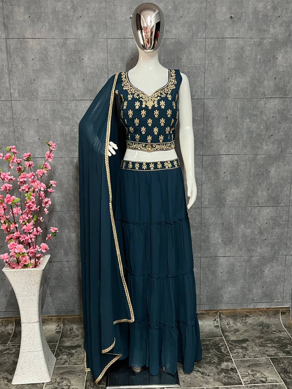 Rama Blue Lehenga In Pure Georgette With Dori Zari Work