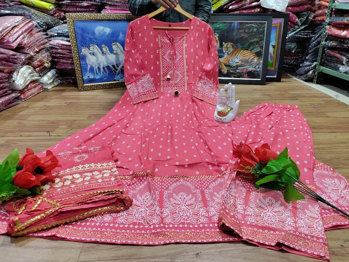 Gajri Anarkali Suit In Rayon Slub With Digital Print