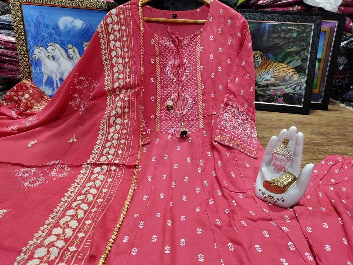 Gajri Anarkali Suit In Rayon Slub With Digital Print