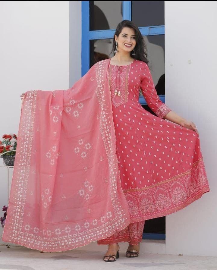 Gajri Anarkali Suit In Rayon Slub With Digital Print