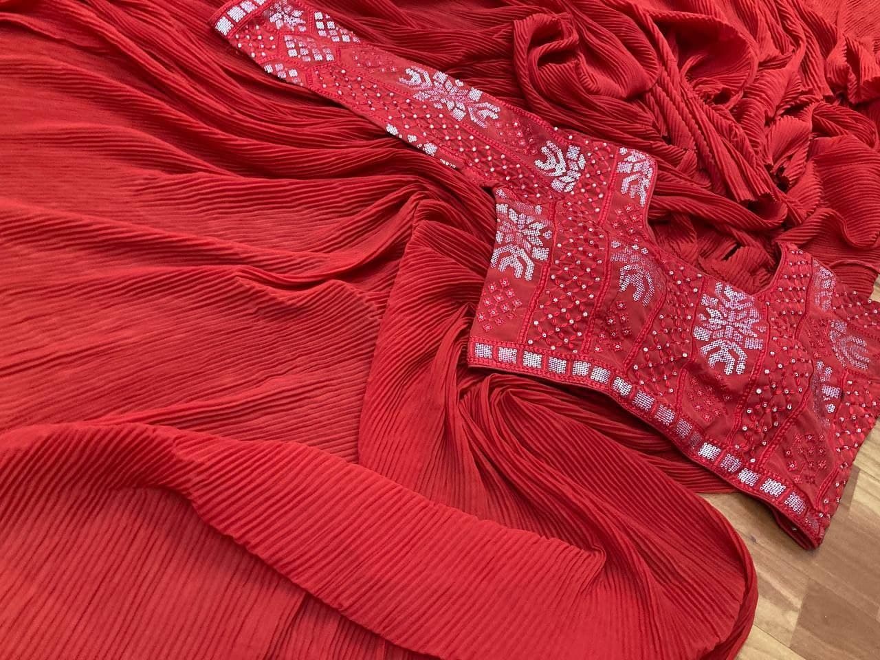 Red Saree In Fox Georgette With Crush Pleated