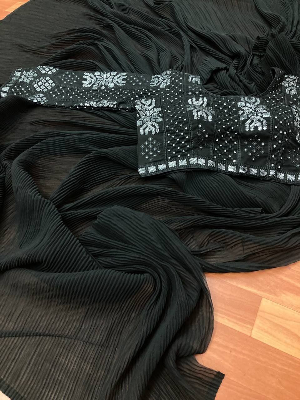 Black Saree In Fox Georgette With Crush Pleated