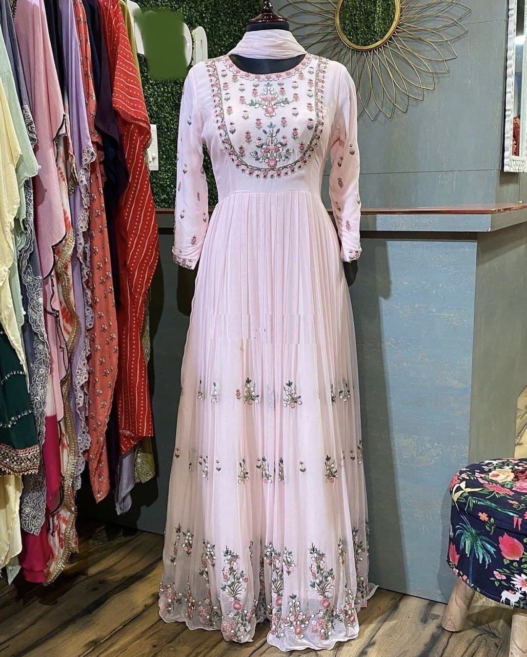 Light Pink Gown In Fox Georgette With Heavy Embroidery Work