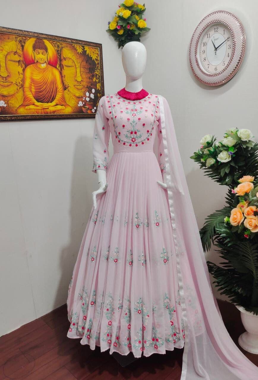 Light Pink Gown In Fox Georgette With Heavy Embroidery Work