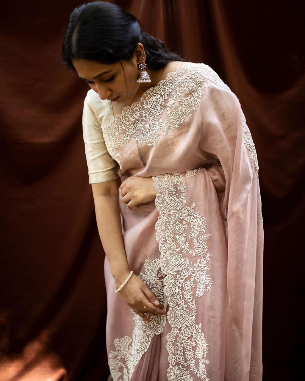 Onion Pink Saree In Soft Pure Organza With Embroidery Work