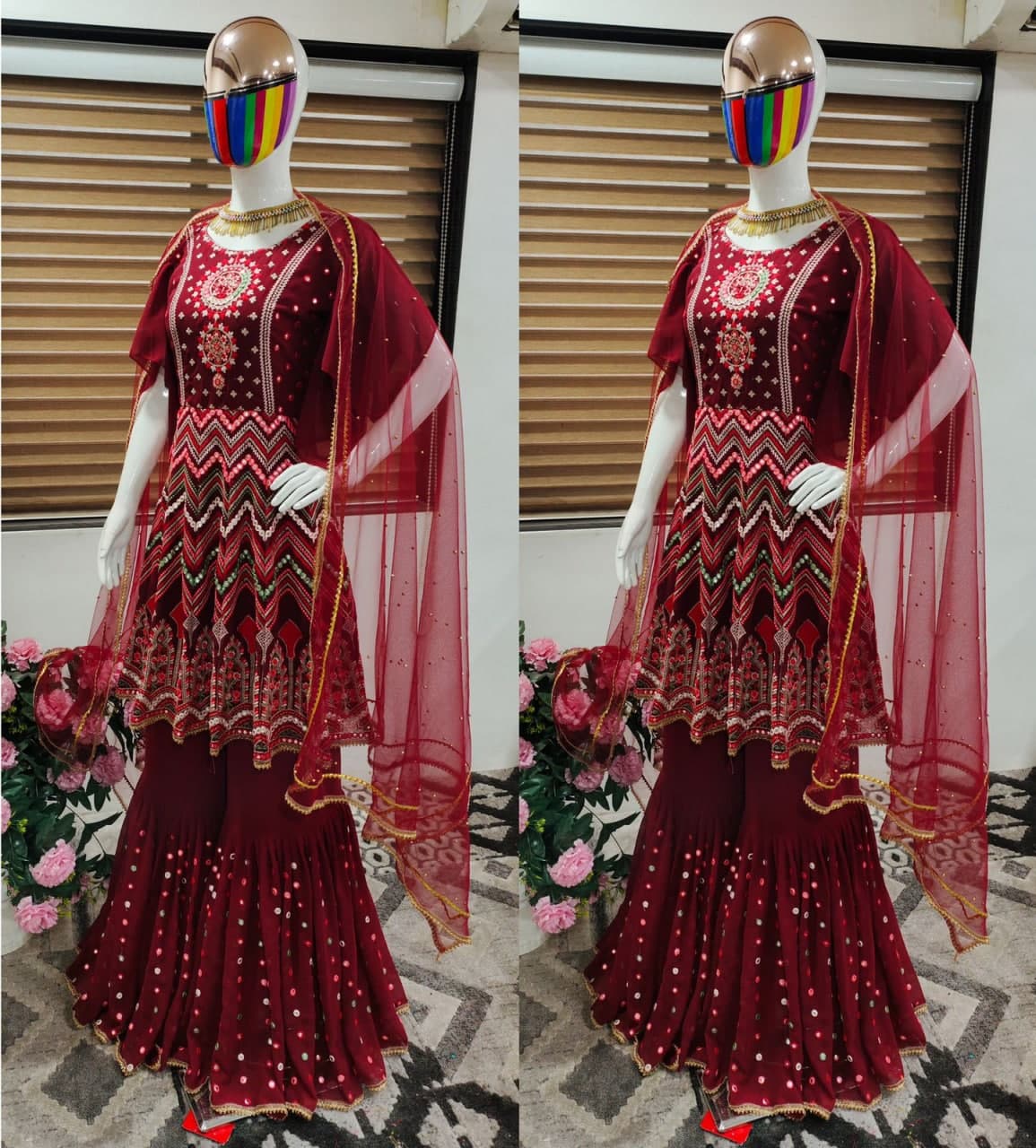 Maroon Sharara Suit In Fox Georgette With Embroidery Work