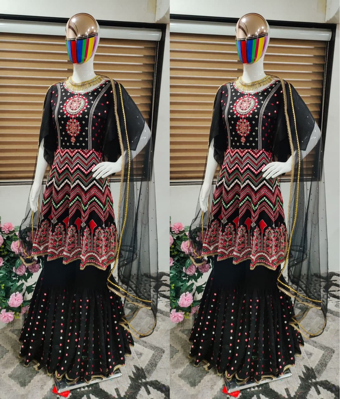 Black Sharara Suit In Fox Georgette With Embroidery Work